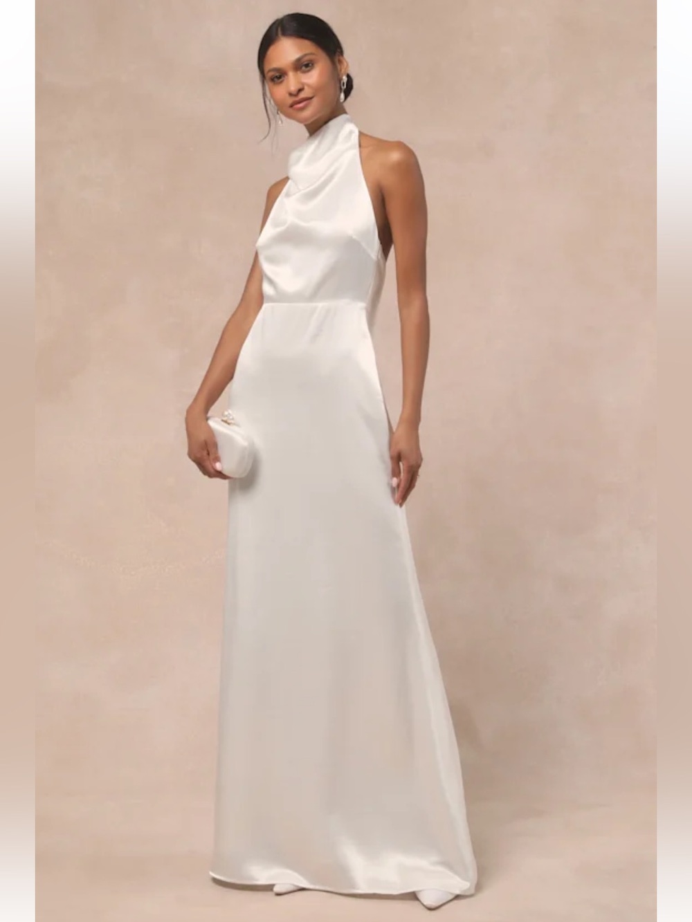 Lulu's Ivory Halter Satin Maxi Dress